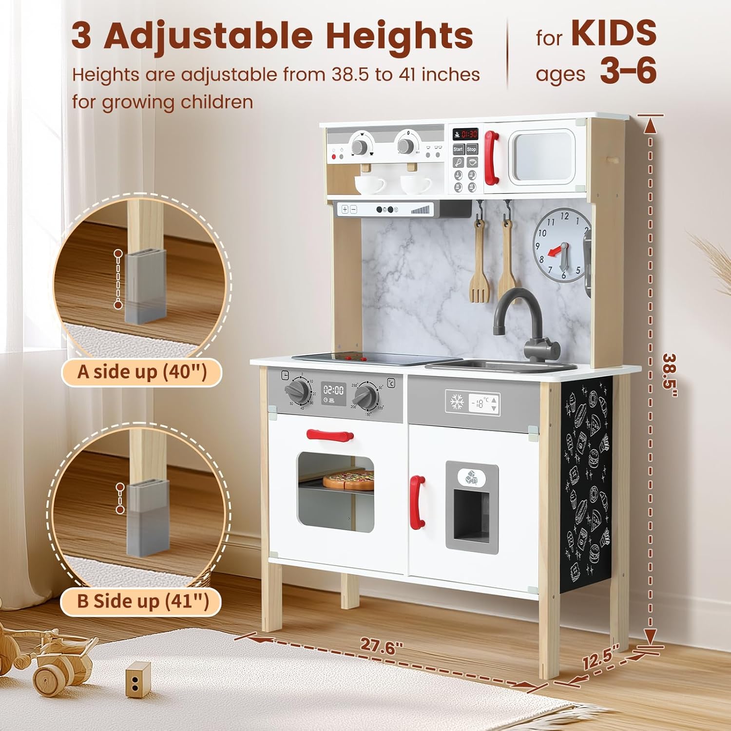 Spielküche Spielset für Kinder aus Holz, Spielzeugküche für Kleinkinder mit echten Lichtern und Geräuschen, 3-fach höhenverstellbar, Kreidetafel, 35-teiliges Spielzeug, Speisenverstärker; Kochgeschirr-Zubehör — Grau