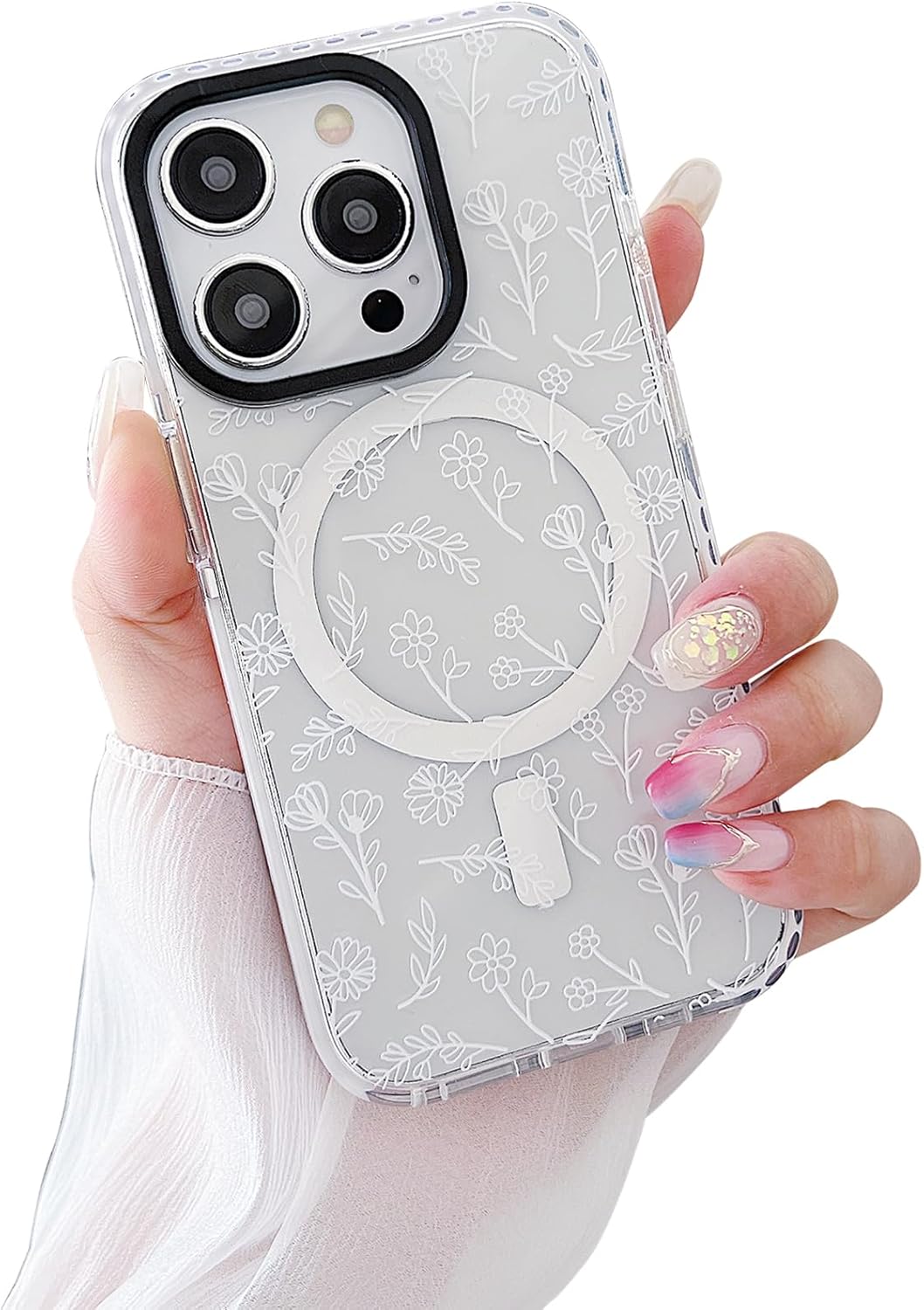 Designed for iPhone 16 Pro Case [Compatible with MagSafe] Clear Floral Case Cute White Flowers for Women Girls Soft Silicone Shockproof Case for iPhone 16 Pro Case-Clear