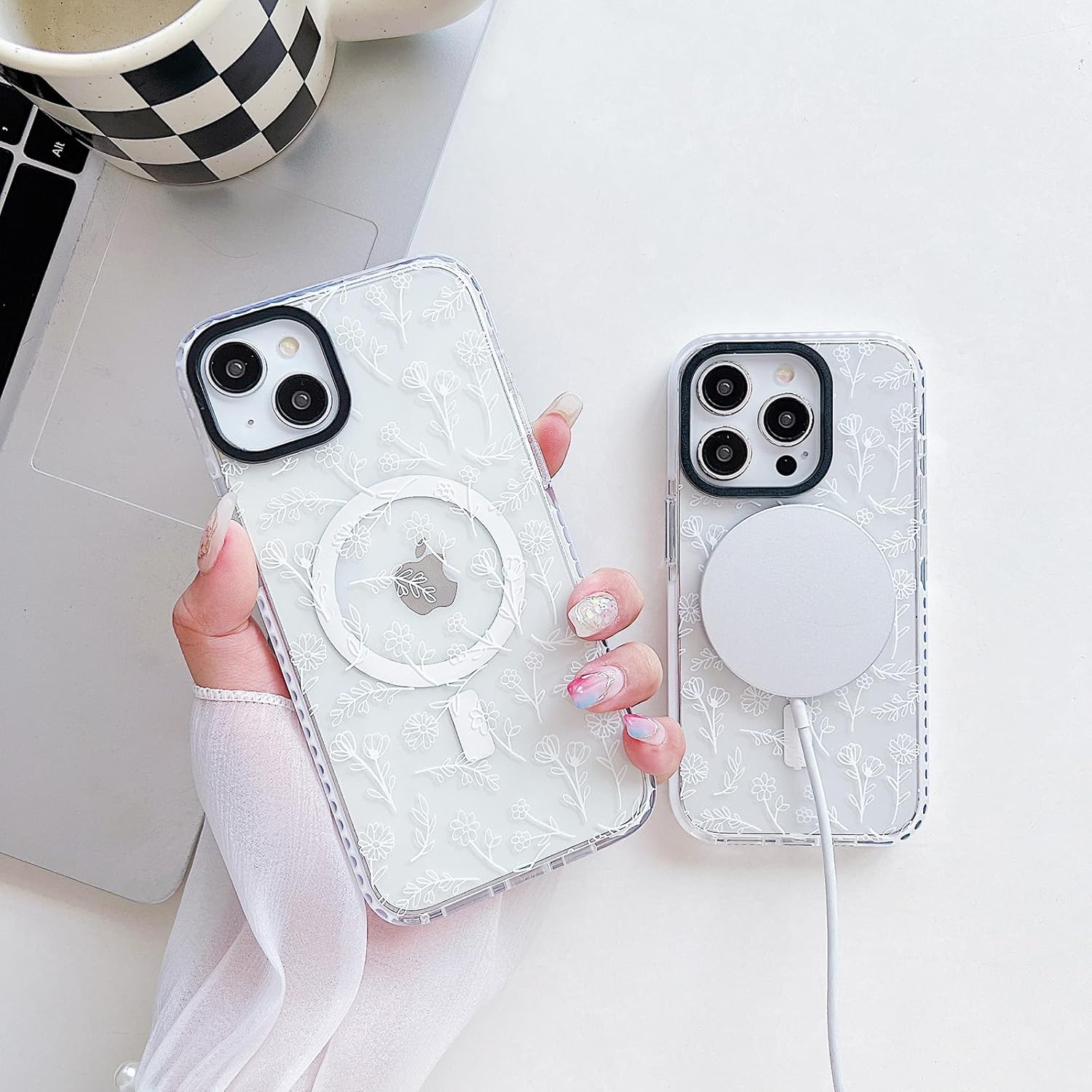 Designed for iPhone 16 Pro Case [Compatible with MagSafe] Clear Floral Case Cute White Flowers for Women Girls Soft Silicone Shockproof Case for iPhone 16 Pro Case-Clear