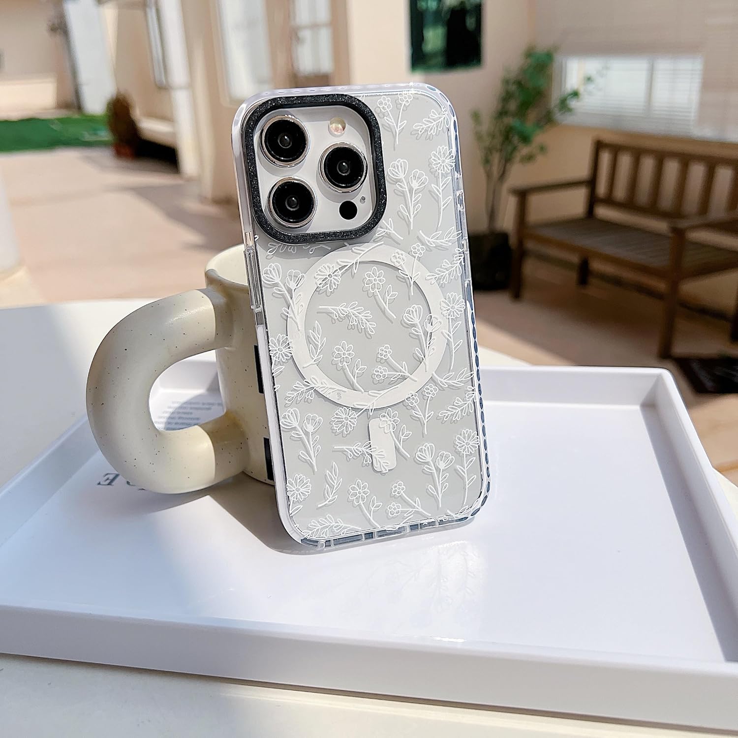 Designed for iPhone 16 Pro Case [Compatible with MagSafe] Clear Floral Case Cute White Flowers for Women Girls Soft Silicone Shockproof Case for iPhone 16 Pro Case-Clear