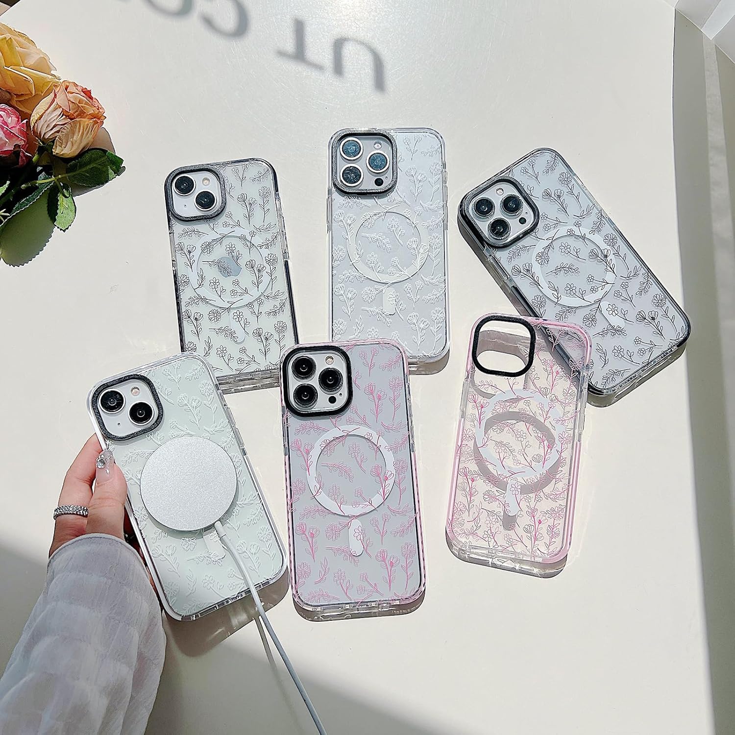 Designed for iPhone 16 Pro Case [Compatible with MagSafe] Clear Floral Case Cute White Flowers for Women Girls Soft Silicone Shockproof Case for iPhone 16 Pro Case-Clear
