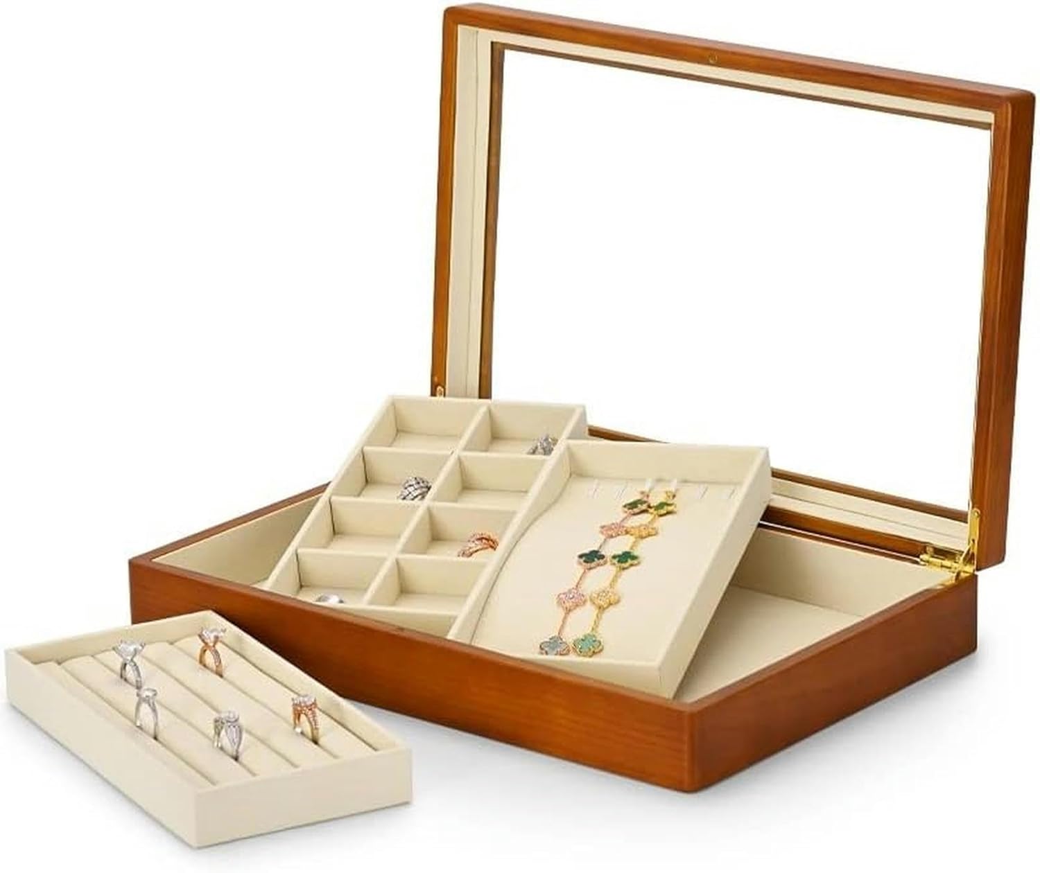 Jewelry Box Multifunctional Jewelry Box Wooden Jewelry Storage Box Microfiber Ring Display Tray Bracelet Storage Box~/