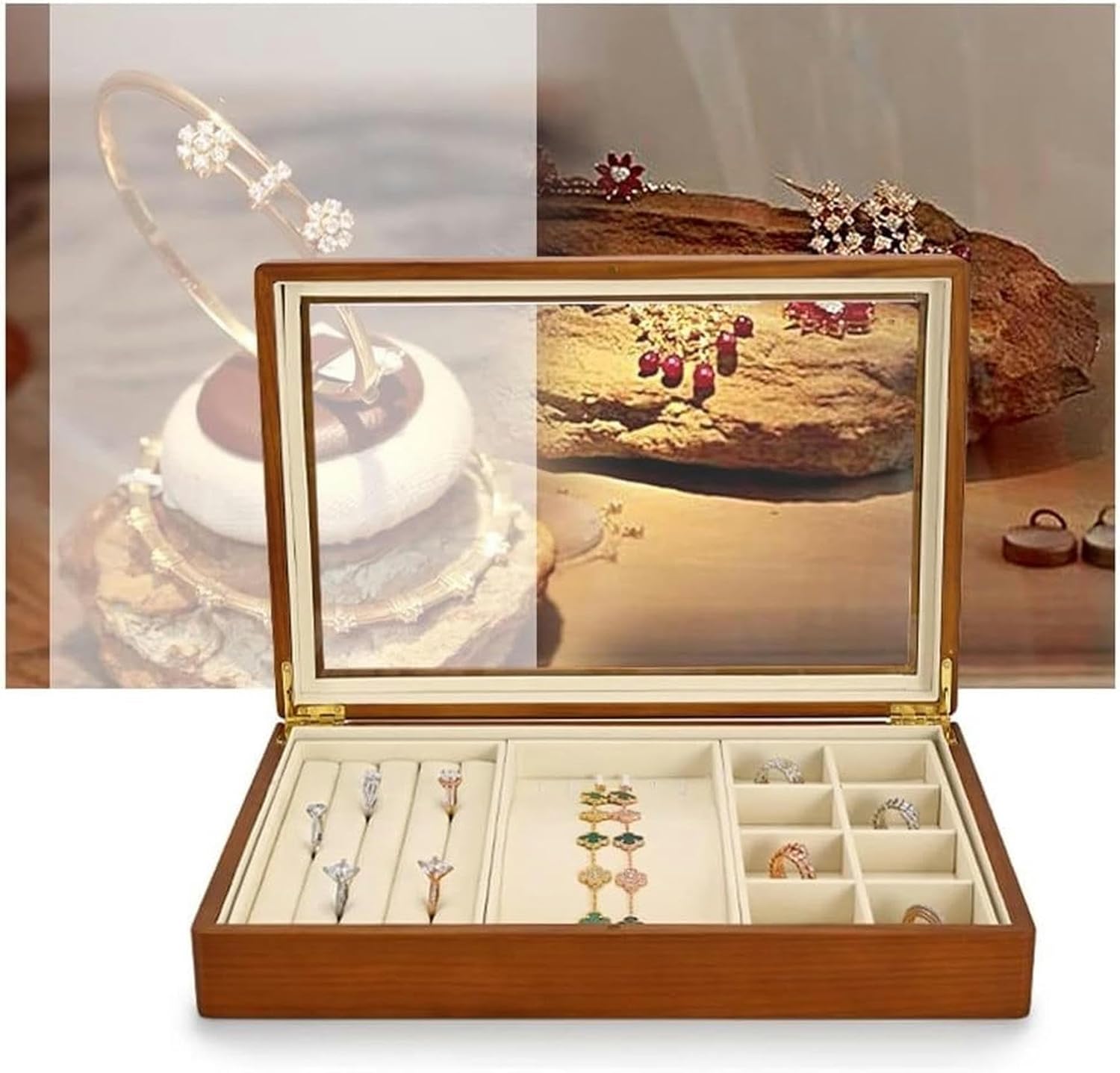 Jewelry Box Multifunctional Jewelry Box Wooden Jewelry Storage Box Microfiber Ring Display Tray Bracelet Storage Box~/