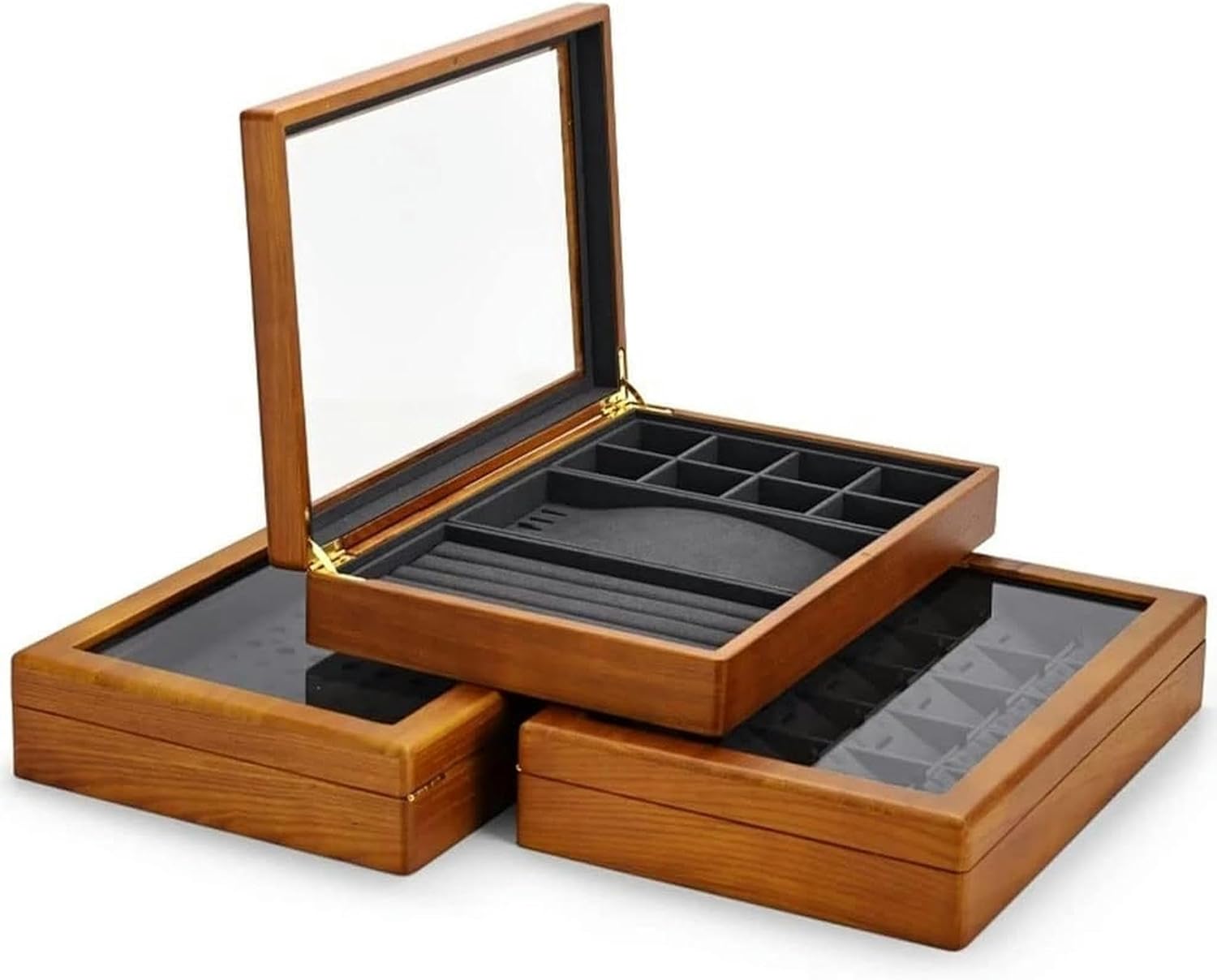 Jewelry Box Multifunctional Jewelry Box Wooden Jewelry Storage Box Microfiber Ring Display Tray Bracelet Storage Box~/