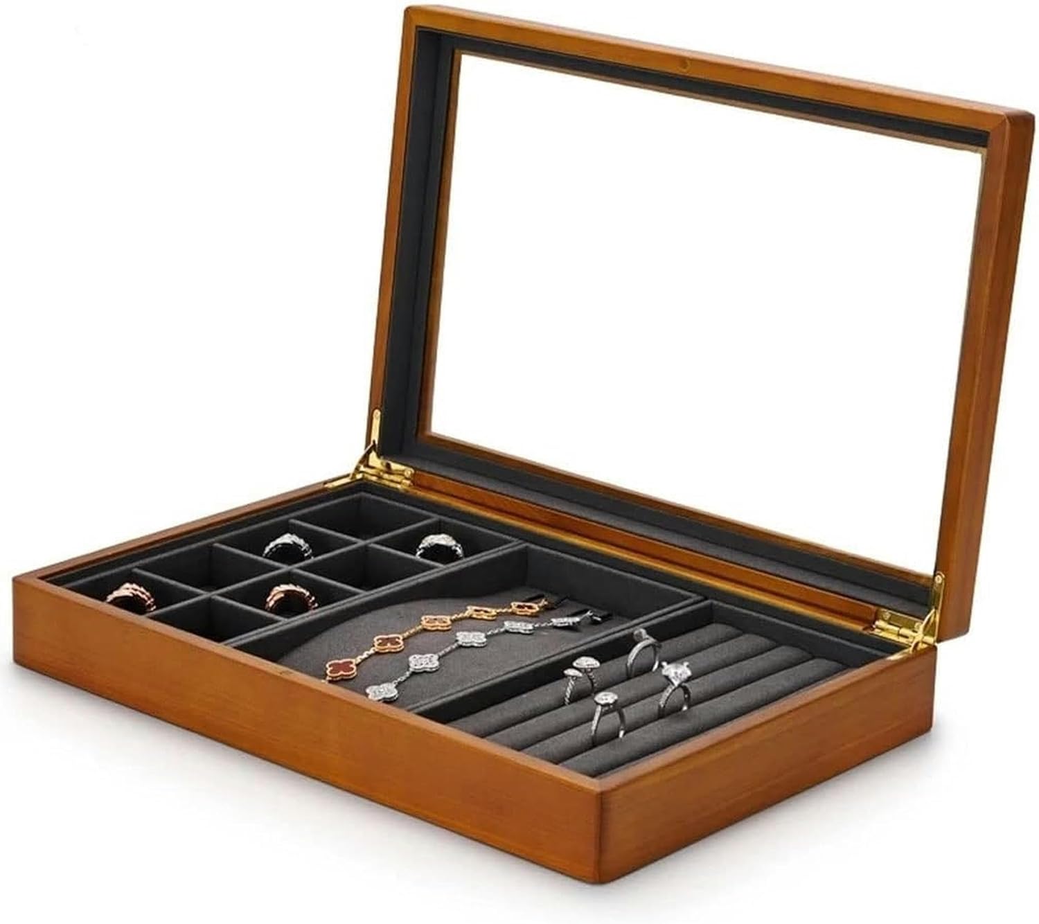 Jewelry Box Multifunctional Jewelry Box Wooden Jewelry Storage Box Microfiber Ring Display Tray Bracelet Storage Box~/