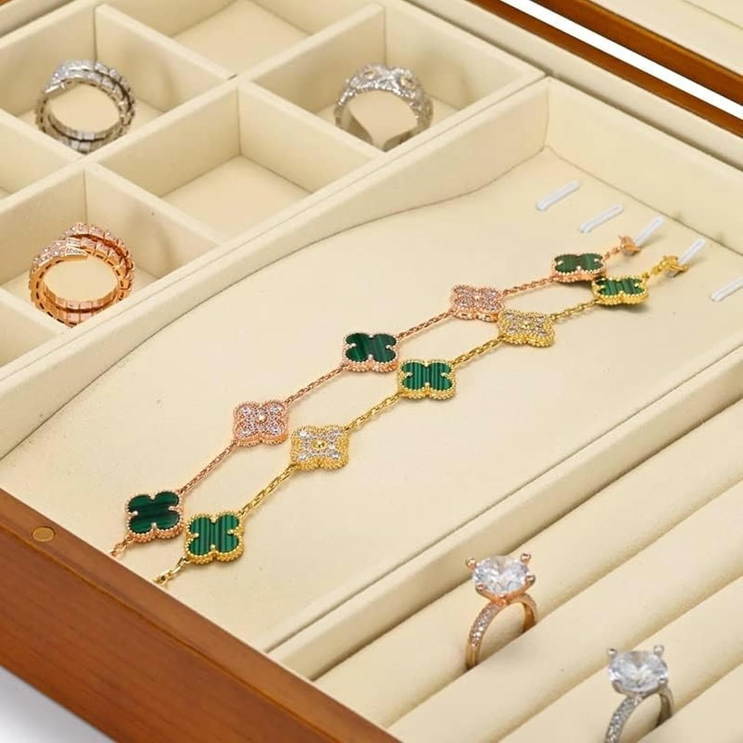 Jewelry Box Multifunctional Jewelry Box Wooden Jewelry Storage Box Microfiber Ring Display Tray Bracelet Storage Box~/