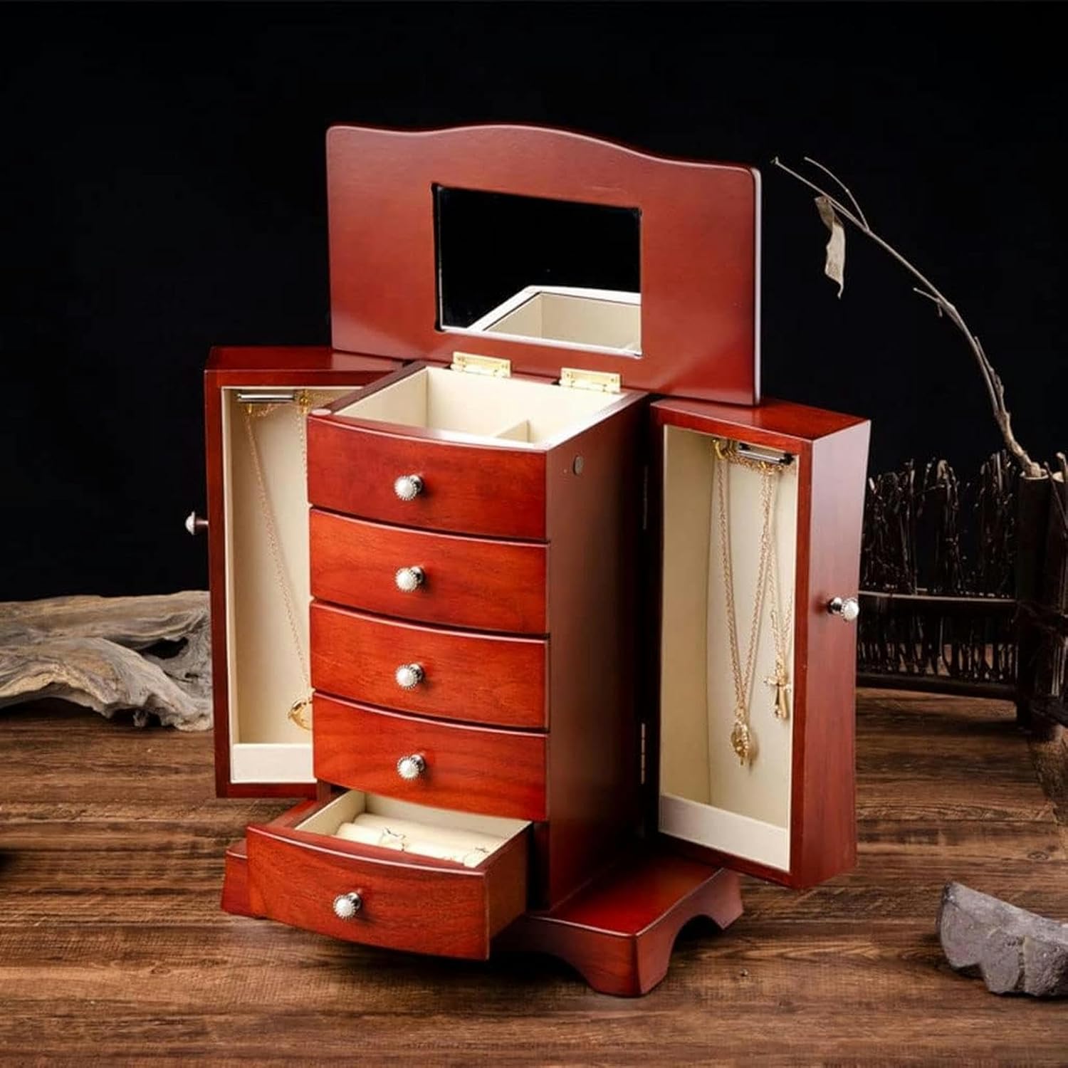 Makeup Organizers Wooden Jewelry Box Multi-Layer Drawer Storage Box Ring Earring Necklace Bracelet Watch Small Jewelry Storage Box Retro Jewelry Box~/