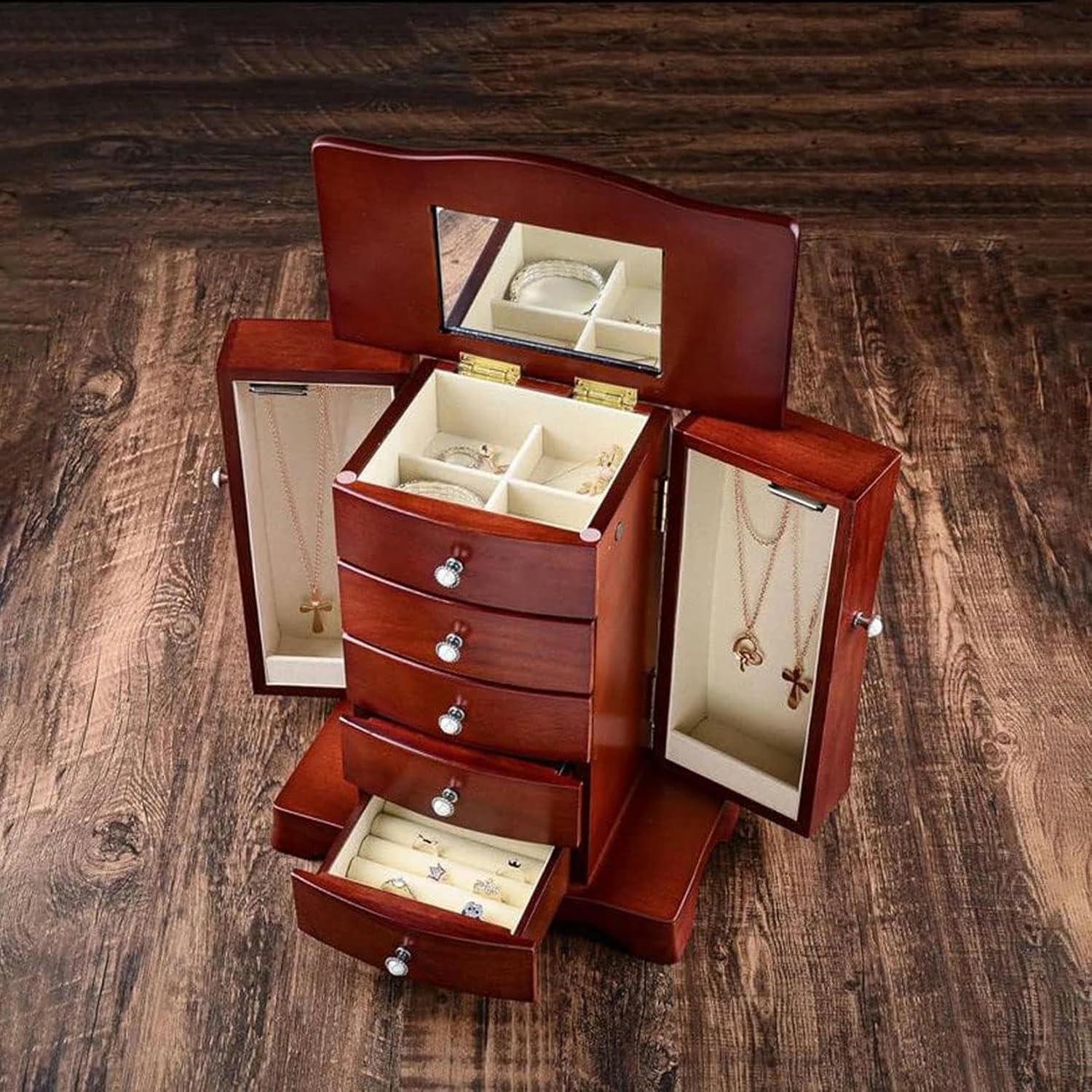 Makeup Organizers Wooden Jewelry Box Multi-Layer Drawer Storage Box Ring Earring Necklace Bracelet Watch Small Jewelry Storage Box Retro Jewelry Box~/