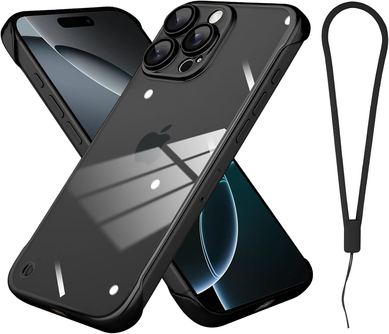 Custodia per telefono senza cornice compatibile con iPhone 16 Pro Max Custodia nera elettrolitica trasparente Design senza cornice con custodia protettiva per obiettivo della fotocamera