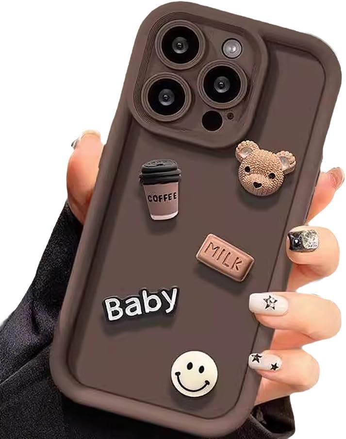 Designed for iPhone Case,3D Cute Coffee Bear Camera Lens Protection Shockproof Protective Cover Phone Case (Brown,iPhone 16 Pro Max)