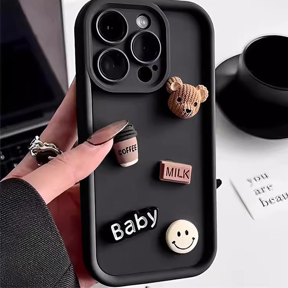 Designed for iPhone Case,3D Cute Coffee Bear Camera Lens Protection Shockproof Protective Cover Phone Case (Brown,iPhone 16 Pro Max)