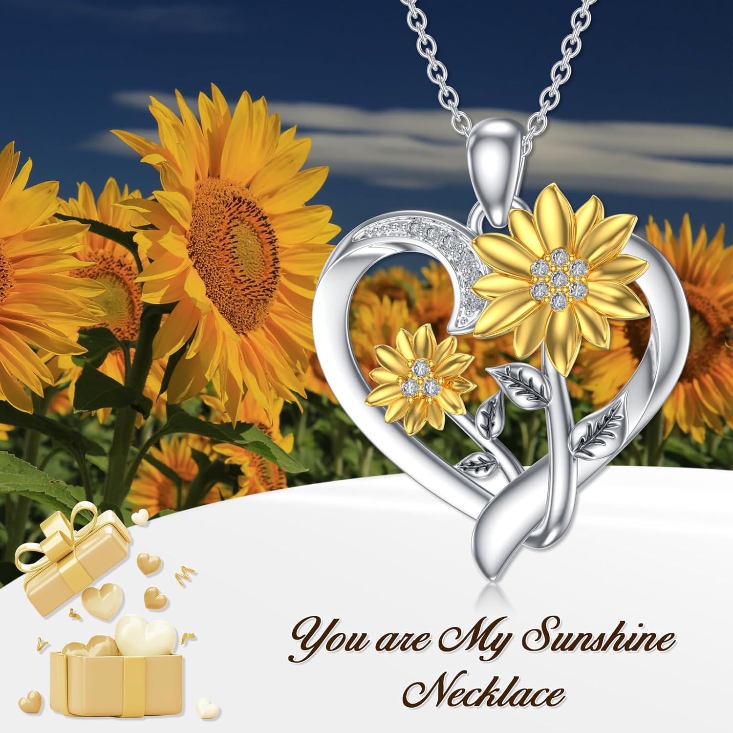 ZBA Natural Diamond Sunflower Heart Necklace for Women,18K Gold Plated Sterling Silver You Are My Sunshine Fine Jewelry Sunflower Gifts for Mom Daughter Wife(Color F-G/Clarity I1-I2) · v4