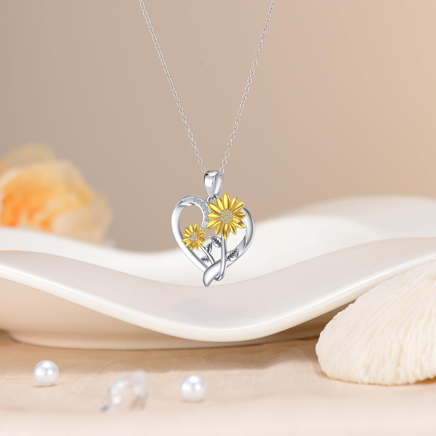 ZBA Natural Diamond Sunflower Heart Necklace for Women,18K Gold Plated Sterling Silver You Are My Sunshine Fine Jewelry Sunflower Gifts for Mom Daughter Wife(Color F-G/Clarity I1-I2) · v4
