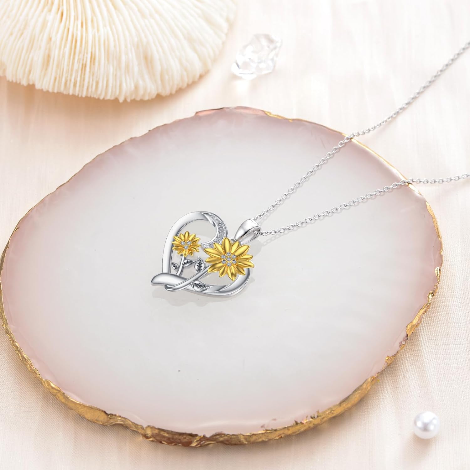 ZBA Natural Diamond Sunflower Heart Necklace for Women,18K Gold Plated Sterling Silver You Are My Sunshine Fine Jewelry Sunflower Gifts for Mom Daughter Wife(Color F-G/Clarity I1-I2) · v4