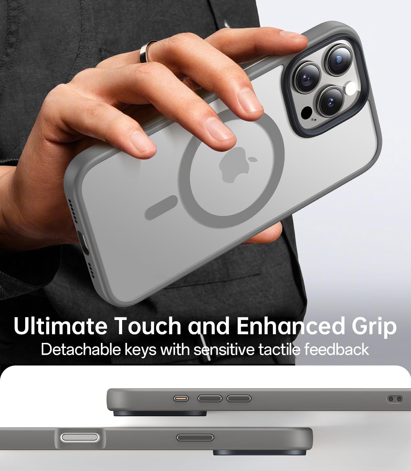 Meifigno Magnetic Case for iPhone 16 Pro Max 6.9’’, Compatible with MagSafe, Military-Grade Protection, Translucent Matte Back with Metal Keys, Shockproof Protective Case for iPhone 16 ProMax, Grey · v2