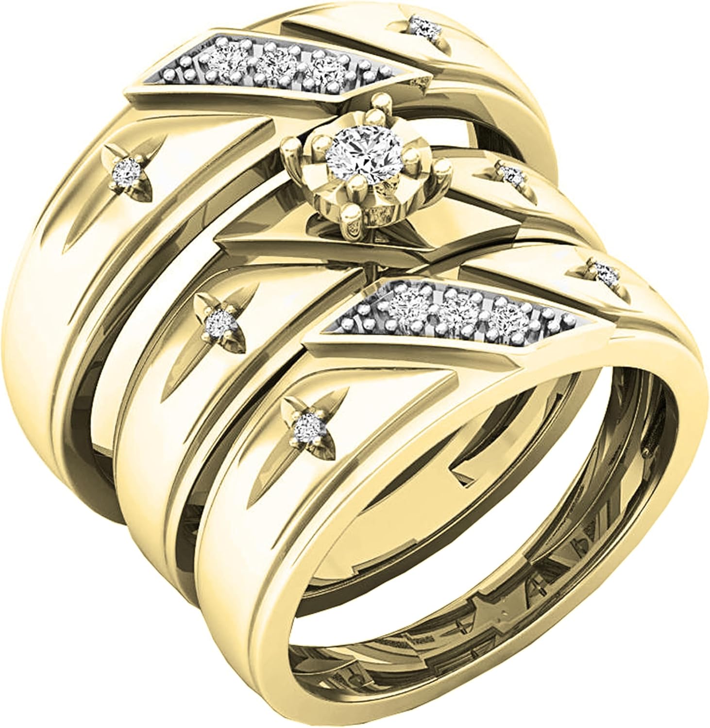 Dazzlingrock Koleksiyonu 0.20 Cttw Yuvarlak Beyaz Pırlanta Solitaire Çapraz Düğün Üçlü Yüzük Seti 14K Katı Sarı Altın Çift İçin