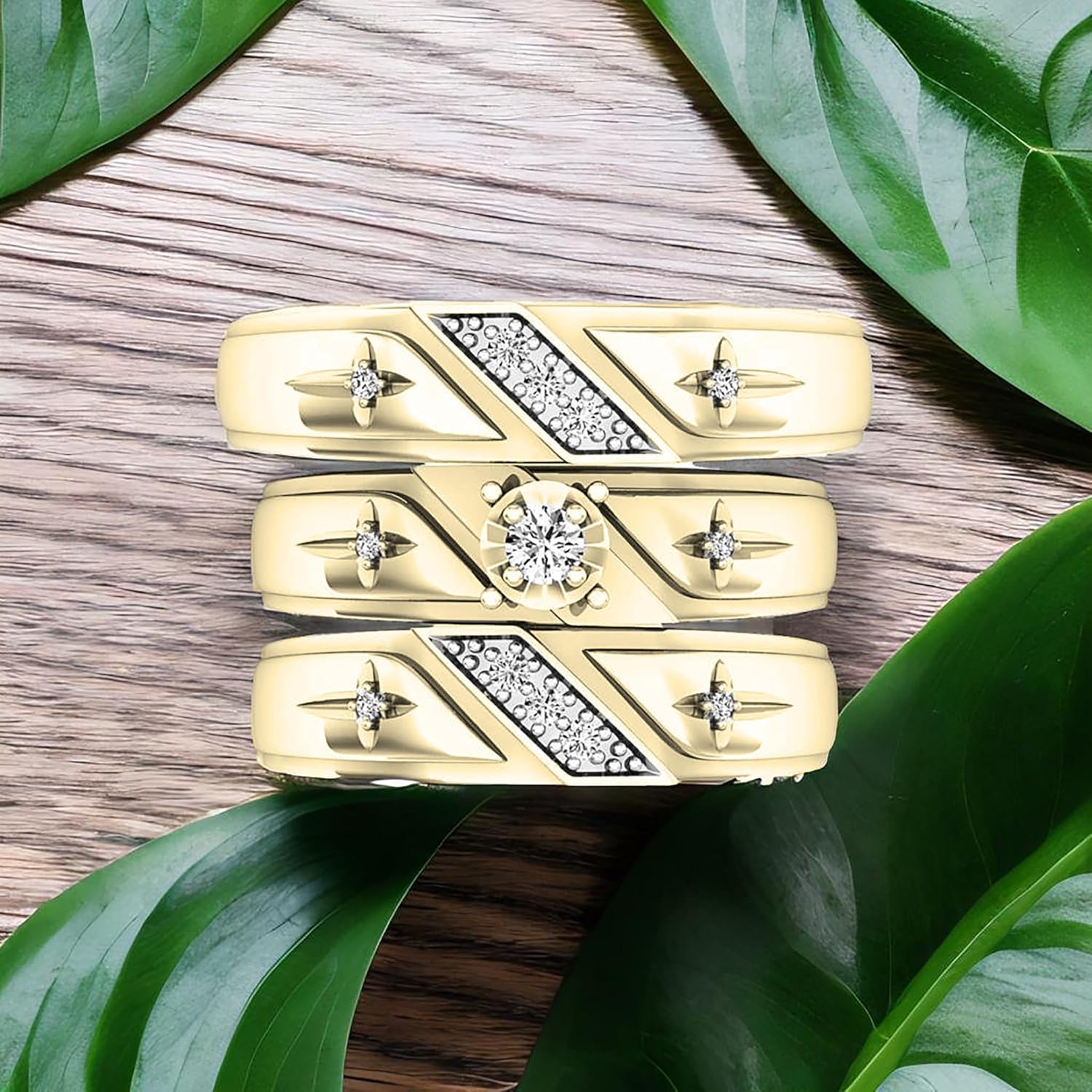 Dazzlingrock Koleksiyonu 0.20 Cttw Yuvarlak Beyaz Pırlanta Solitaire Çapraz Düğün Üçlü Yüzük Seti 14K Katı Sarı Altın Çift İçin