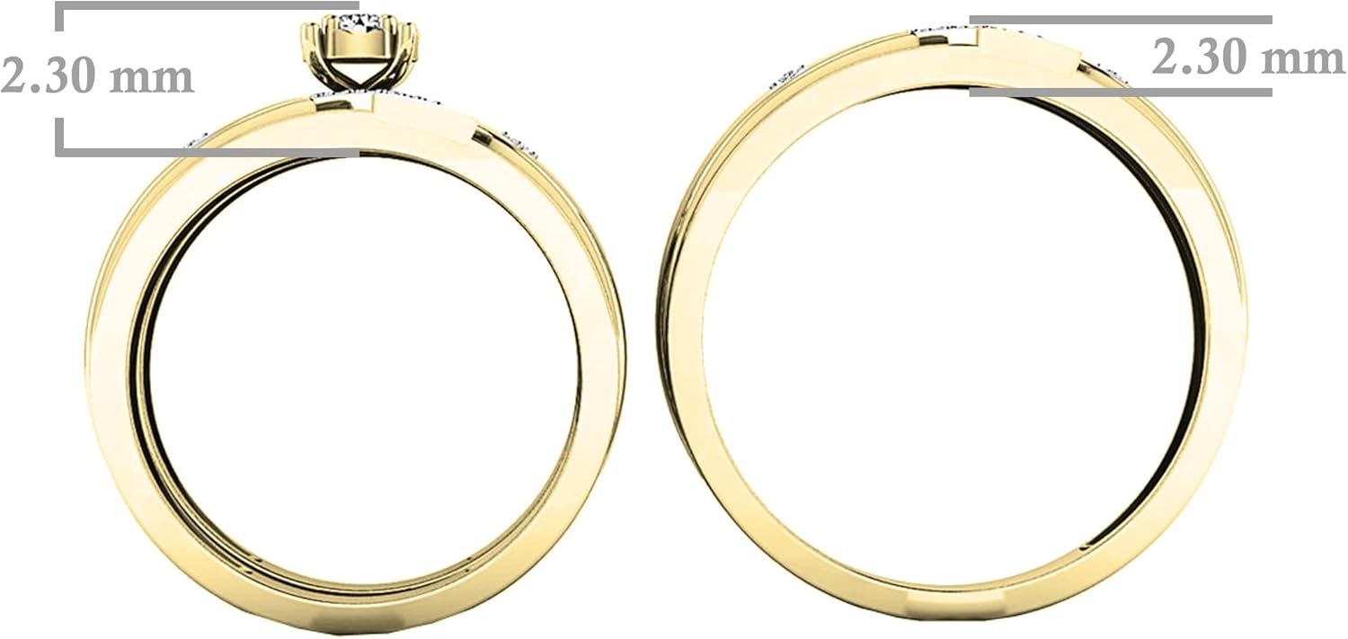 Dazzlingrock Koleksiyonu 0.20 Cttw Yuvarlak Beyaz Pırlanta Solitaire Çapraz Düğün Üçlü Yüzük Seti 14K Katı Sarı Altın Çift İçin
