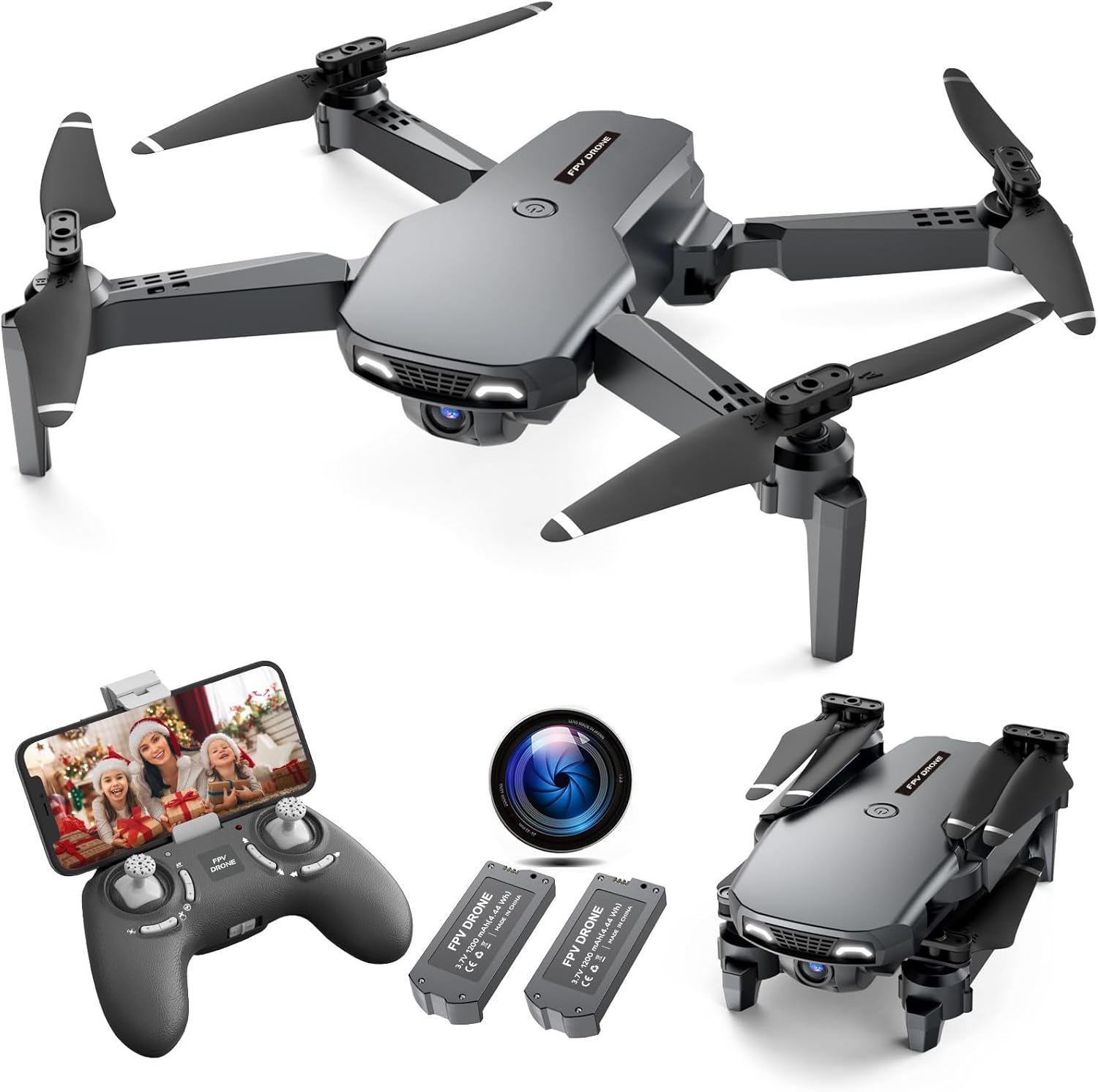 Drone con fotocamera, droni per bambini e principianti, giocattoli e idee regalo per ragazzi adolescenti, elicottero drone FPV RC pieghevole 1080P HD 1080P HD, quadricottero RC con un tasto di avviamento/atterraggio, mantenimento dell'altitudine, selfie gestuale, ribaltamenti 3D, controllo della gravità, 2 batterie