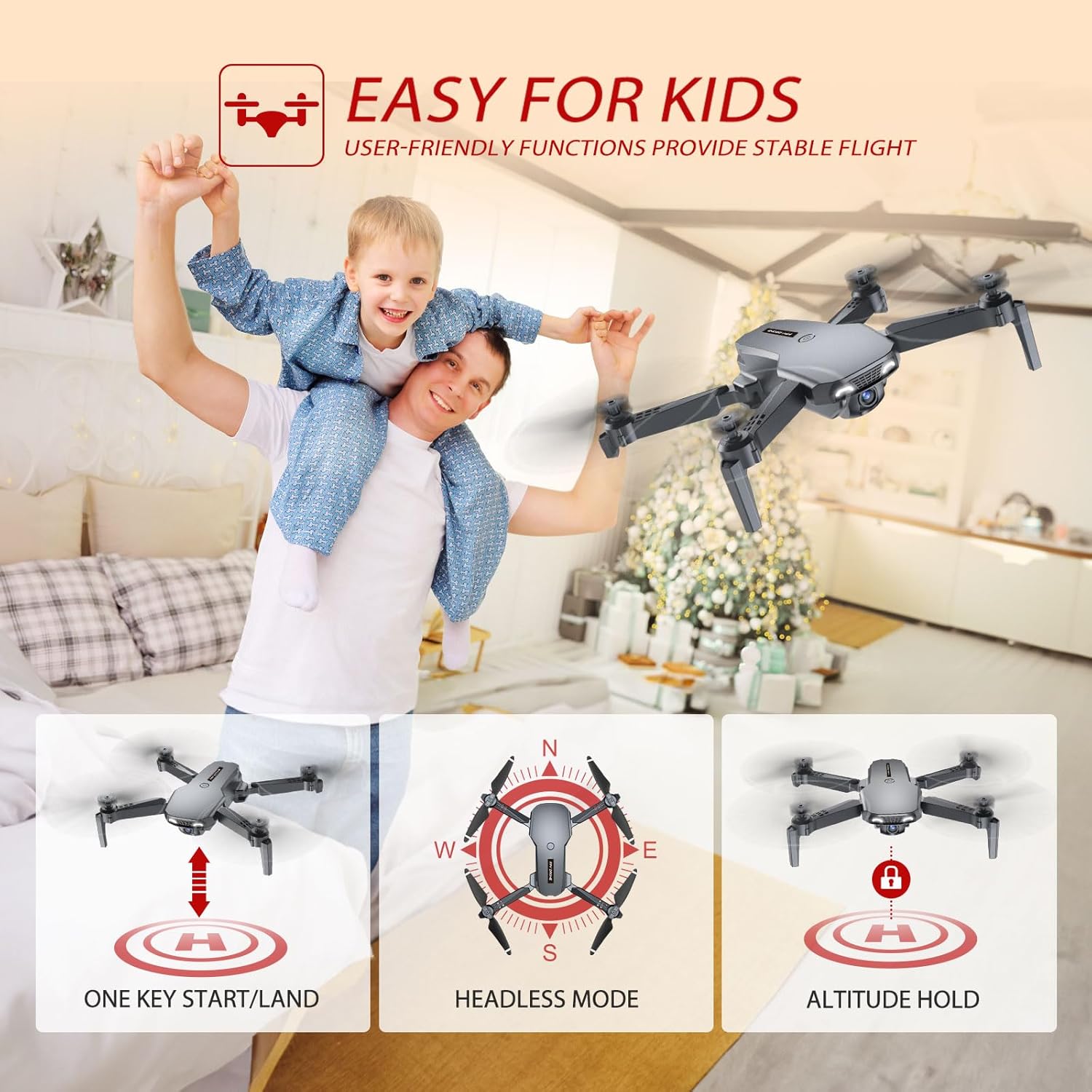Drone with Camera, Drones for Kids and Beginners, Teen Boys Toys Gifts Ideas, 1080P HD Foldable FPV RC Drone Helicopter Quadcopter with One Key Start/Land, Altitude Hold, Gesture Selfie, 3D Flips, Gravity Control, 2 Batteries · v4