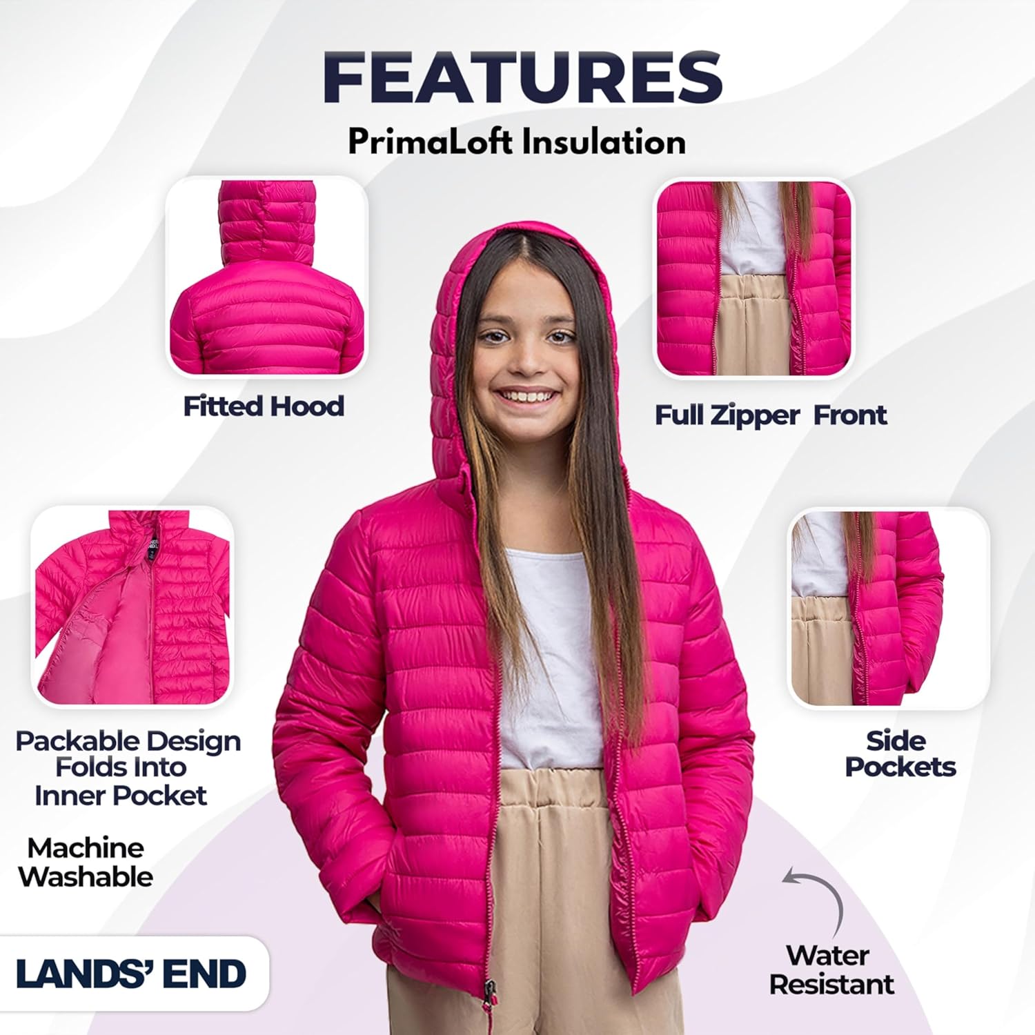 Jaket Anak-anak Lands End dengan Hooded Thermoplume Ringan dan Ritsleting Penuh (S-XL)