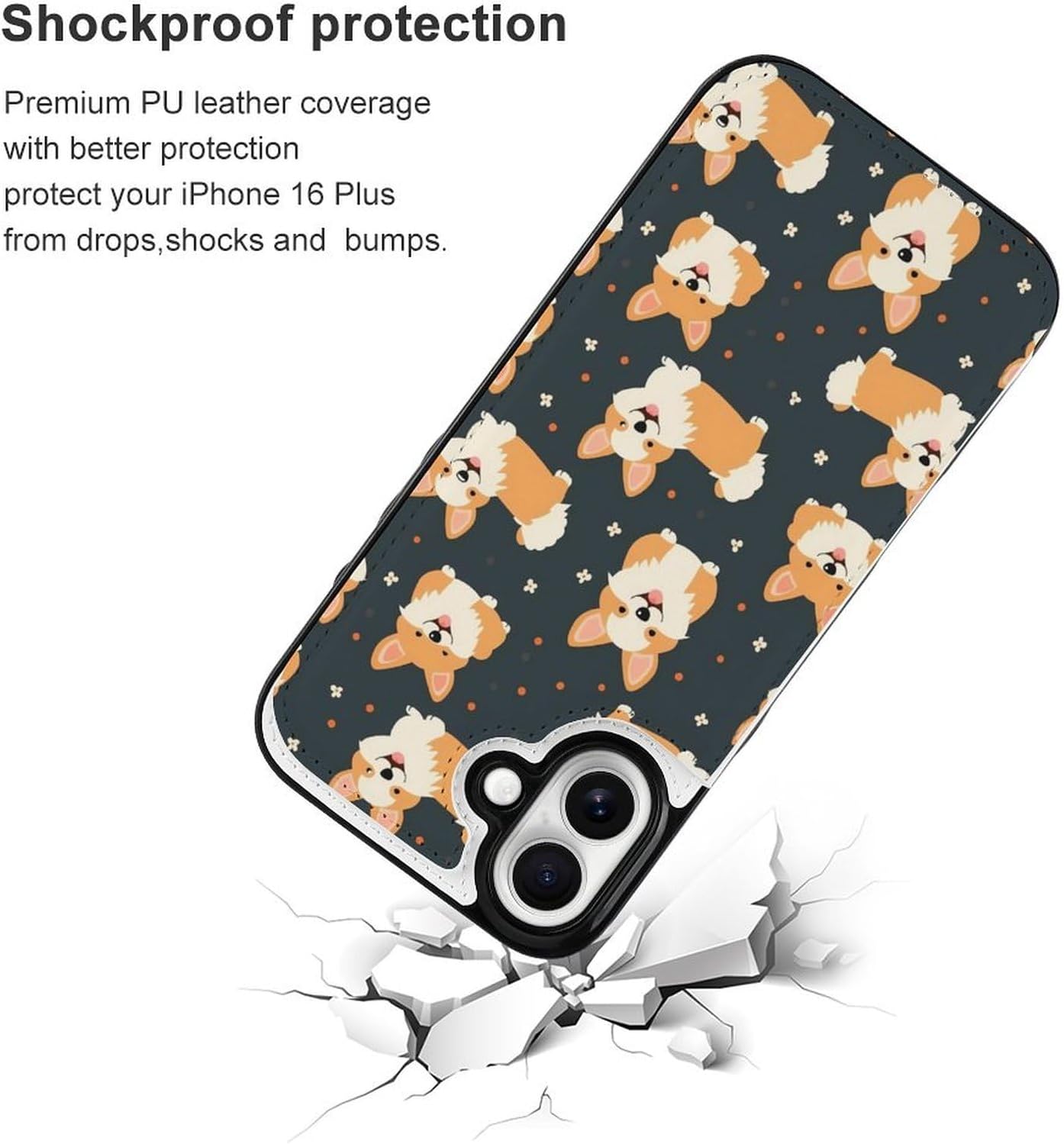 Cute Corgi Phone Case Flip Folio TPU Leather Wallet Case Cover with Card Holder Compatible with iPhone 16 iPhone 16 Plus · v2