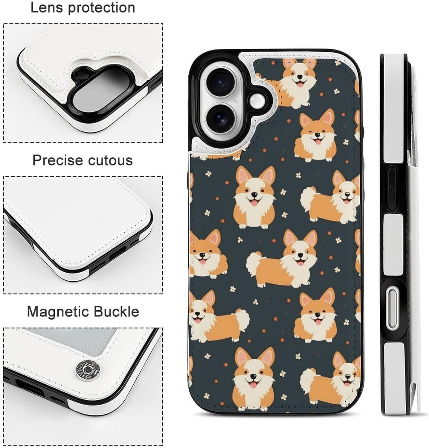 Cute Corgi Phone Case Flip Folio TPU Leather Wallet Case Cover with Card Holder Compatible with iPhone 16 iPhone 16 Plus · v2