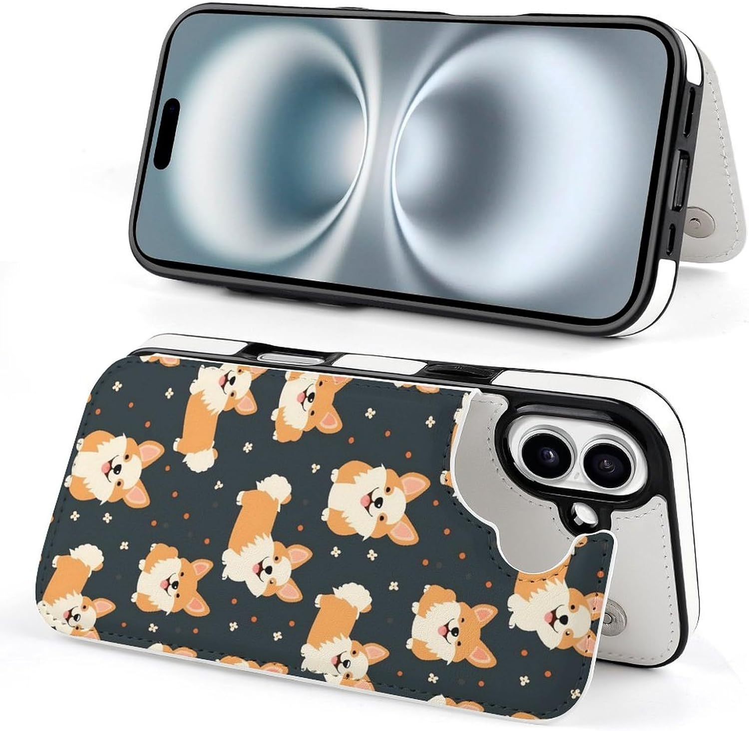 Cute Corgi Phone Case Flip Folio TPU Leather Wallet Case Cover with Card Holder Compatible with iPhone 16 iPhone 16 Plus · v2