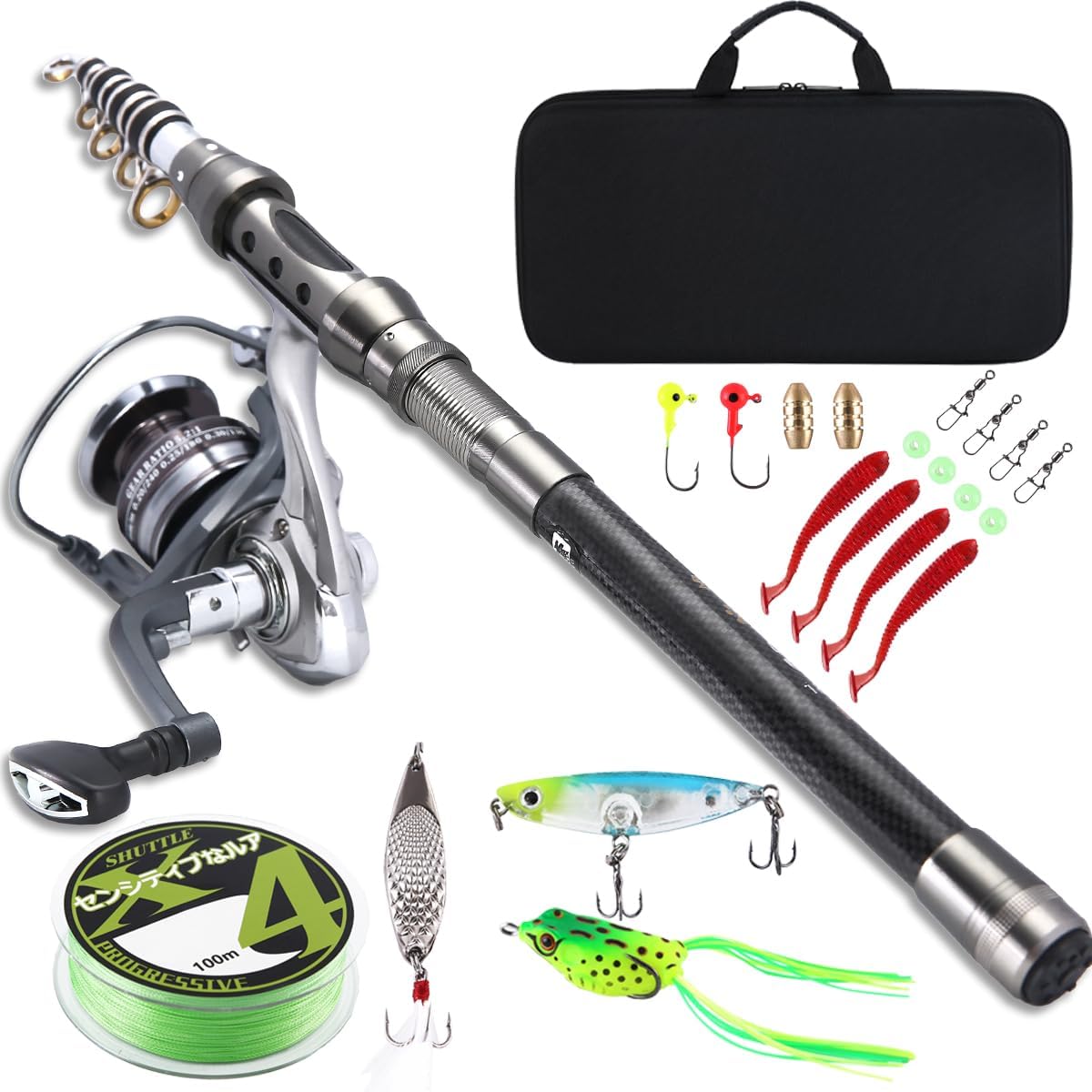 Premium Telescopic Fishing Rod and Reel Combo Set Carbon Fiber Spinning Pole with Lures, Hooks, and Carry Bag Perfect for Saltwater Freshwater Fishing, Travel Friendly Kit for Anglers