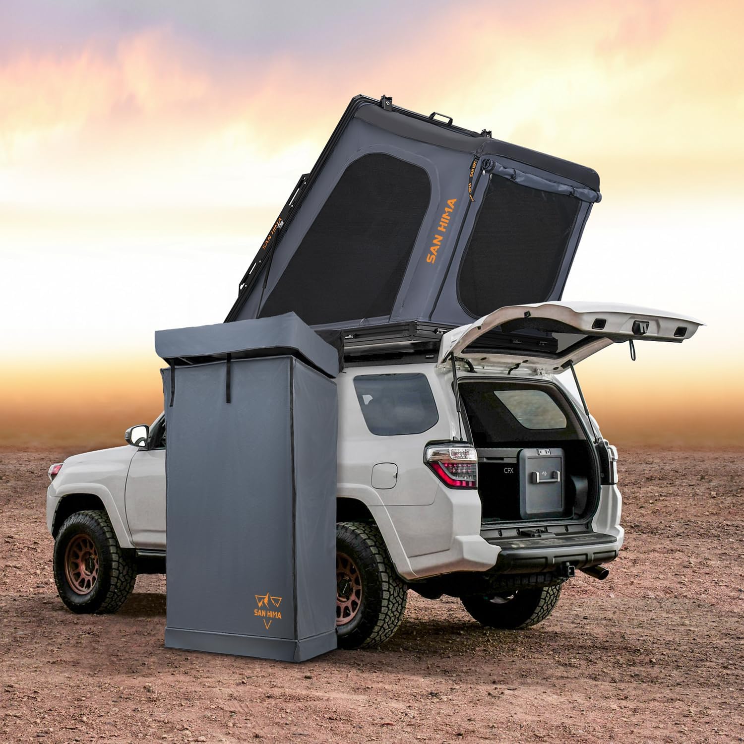 Namiot dachowy Sanhima z namiotem prysznicowym - aluminiowy namiot dachowy Hotham Overland z większą przestrzenią, okno z taśmą LED, materac o grubości 2,6 cala, do kempingu samochodowego SUV, namiot dla 2-3 osób
