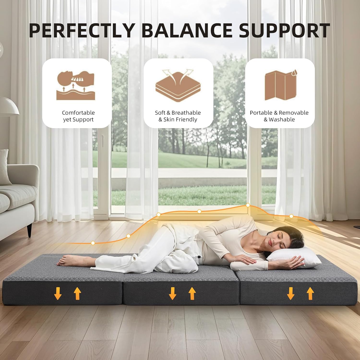 Tri Folding Mattress Queen Size - Foldable Mattress for Travel/RV/Camping/Road Trip/Guest Room/Yoga, Tri-fold Memory Foam Mattress with Washable Cover, Handle  Non-Slip Bottom- 6 Inch, 75x58"x6" · v2