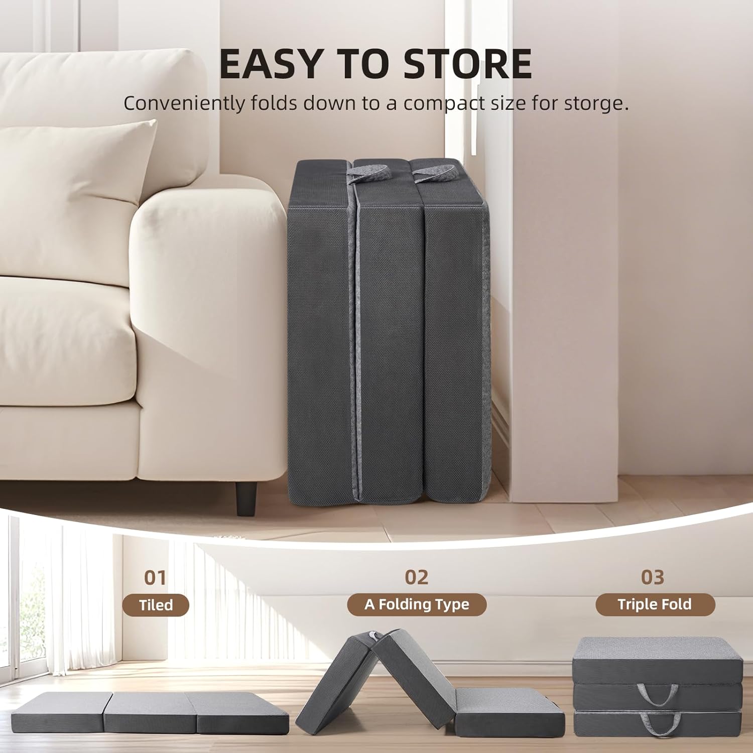 Tri Folding Mattress Queen Size - Foldable Mattress for Travel/RV/Camping/Road Trip/Guest Room/Yoga, Tri-fold Memory Foam Mattress with Washable Cover, Handle  Non-Slip Bottom- 6 Inch, 75x58"x6" · v2