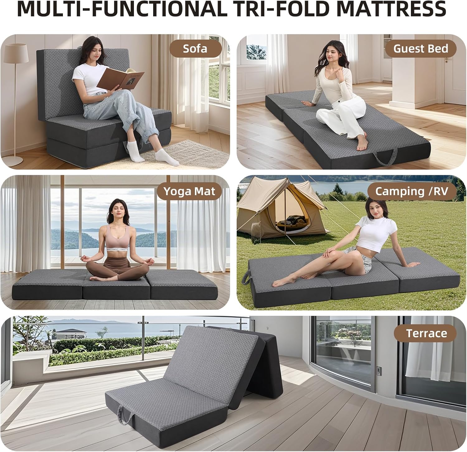 Tri Folding Mattress Queen Size - Foldable Mattress for Travel/RV/Camping/Road Trip/Guest Room/Yoga, Tri-fold Memory Foam Mattress with Washable Cover, Handle  Non-Slip Bottom- 6 Inch, 75x58"x6" · v2