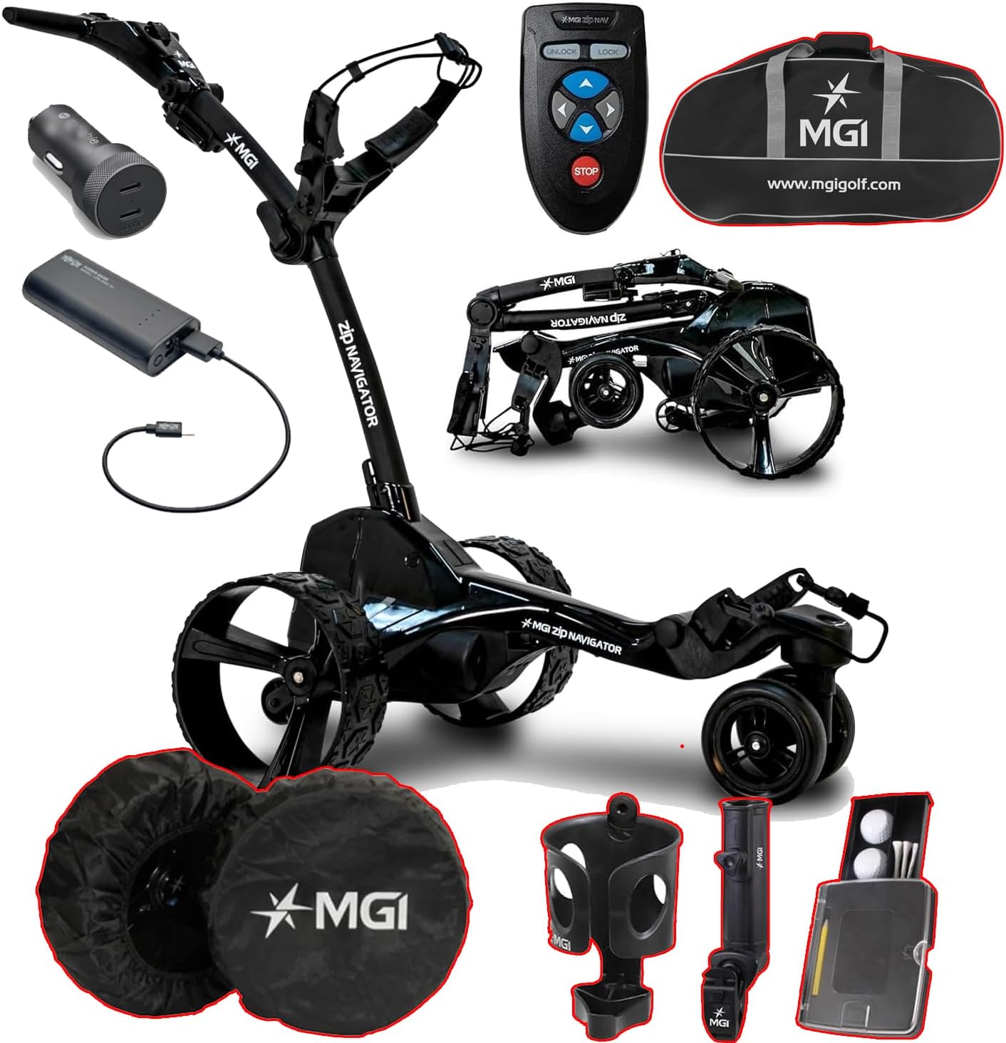 MGI Remote Controlled Zip Navigator Golf Cart with Accessories | Power Bundle | 3-Year Warranty | 36 Holes Extended Battery (Power Bundle  Travel Cover)