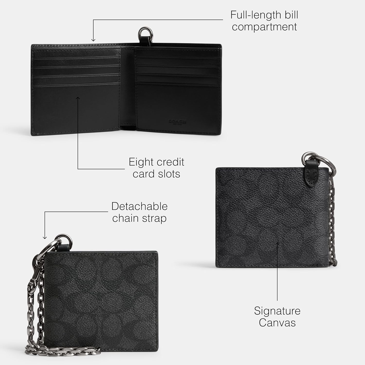 COACH Mens Billfold Wallet with Chain Canvas, Charcoal Signature, One Size · v3
