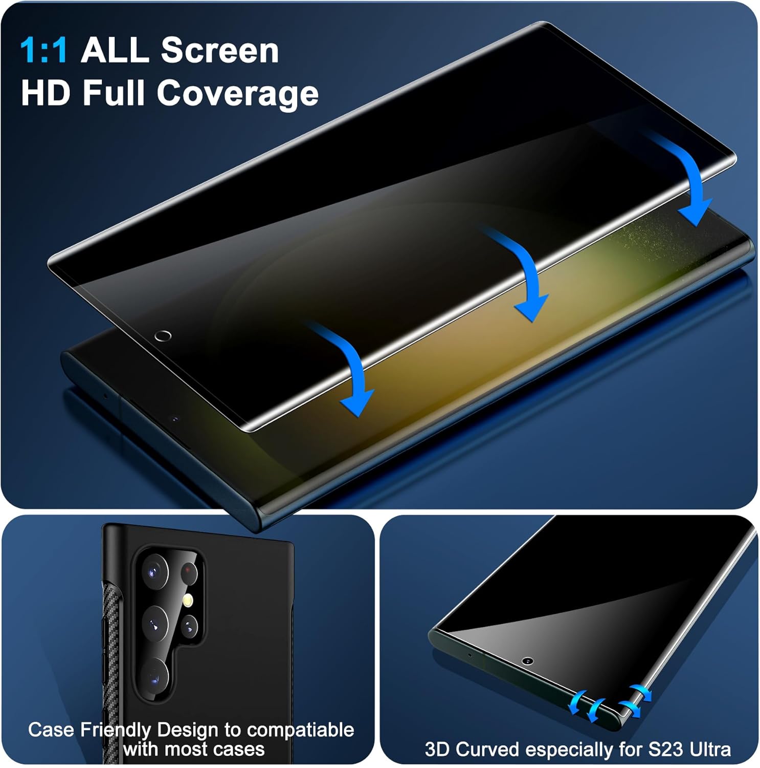 [Lot de 2] Protecteur d'écran confidentiel pour Galaxy S23 Ultra, verre trempé 9H, support ultrasonique pour empreintes digitales, film anti-espion transparent HD incurvé en 3D pour Samsung S23 Ultra 5G