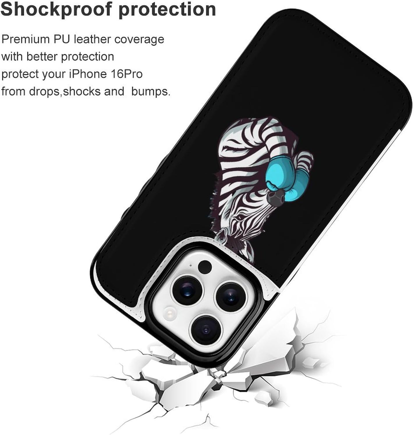 Custodia a portafoglio Boxing Zebra Porta carte per cellulare Portafoglio per telefono con aletta compatibile con iPhone 16 Pro