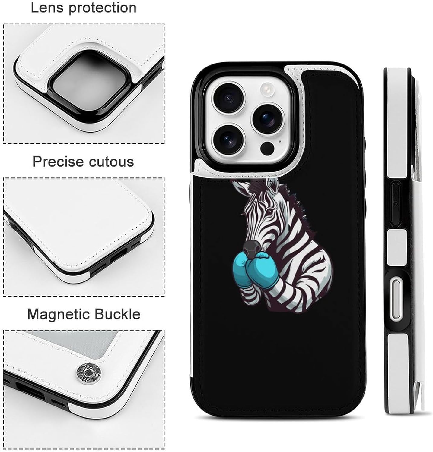 Custodia a portafoglio Boxing Zebra Porta carte per cellulare Portafoglio per telefono con aletta compatibile con iPhone 16 Pro