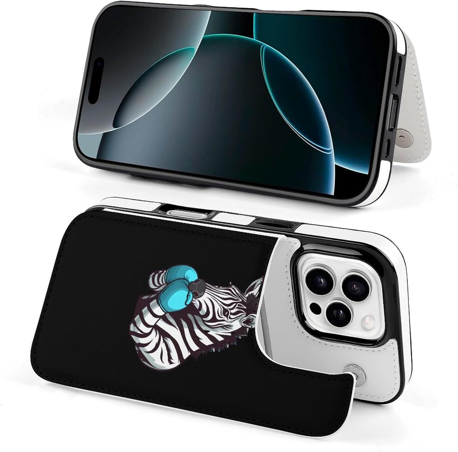 Custodia a portafoglio Boxing Zebra Porta carte per cellulare Portafoglio per telefono con aletta compatibile con iPhone 16 Pro