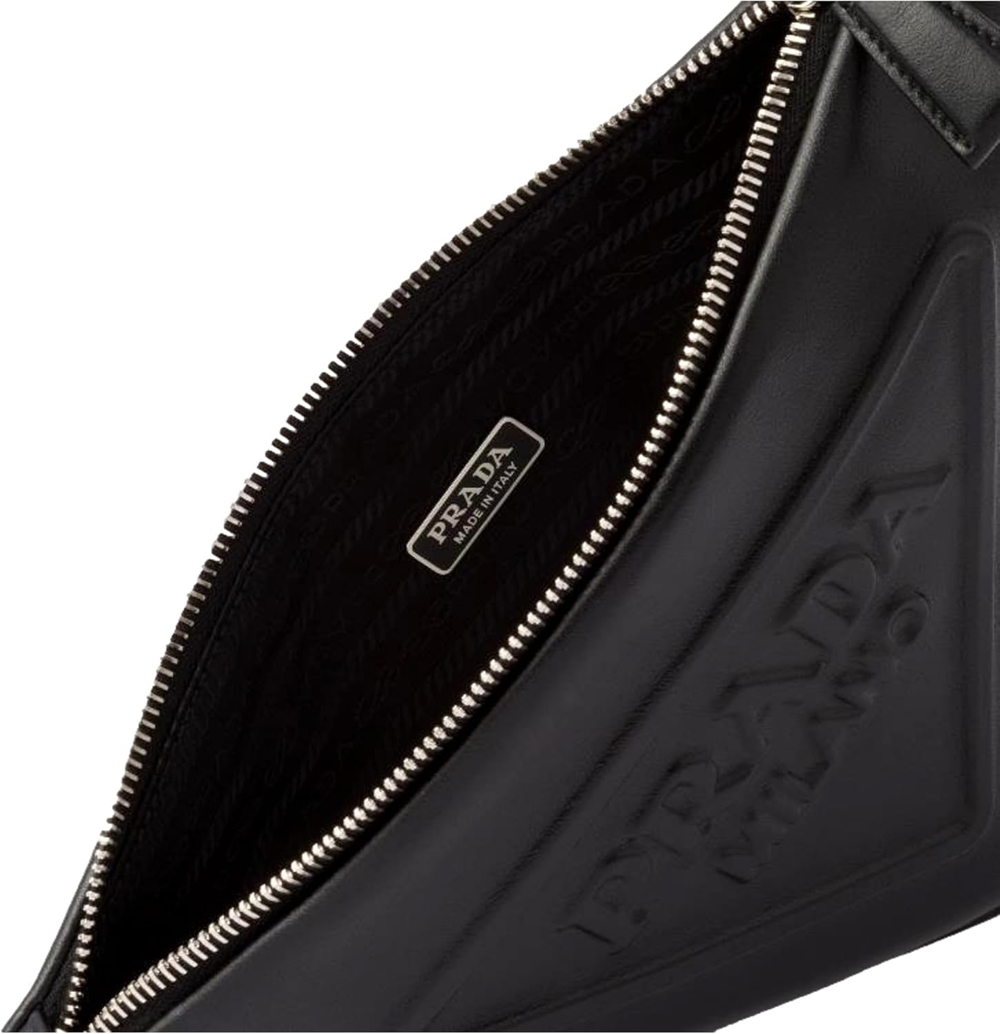 Prada Bags For Women Triangle Leather Clutch Pouch with Embossed Logo, Black Handbags For Women