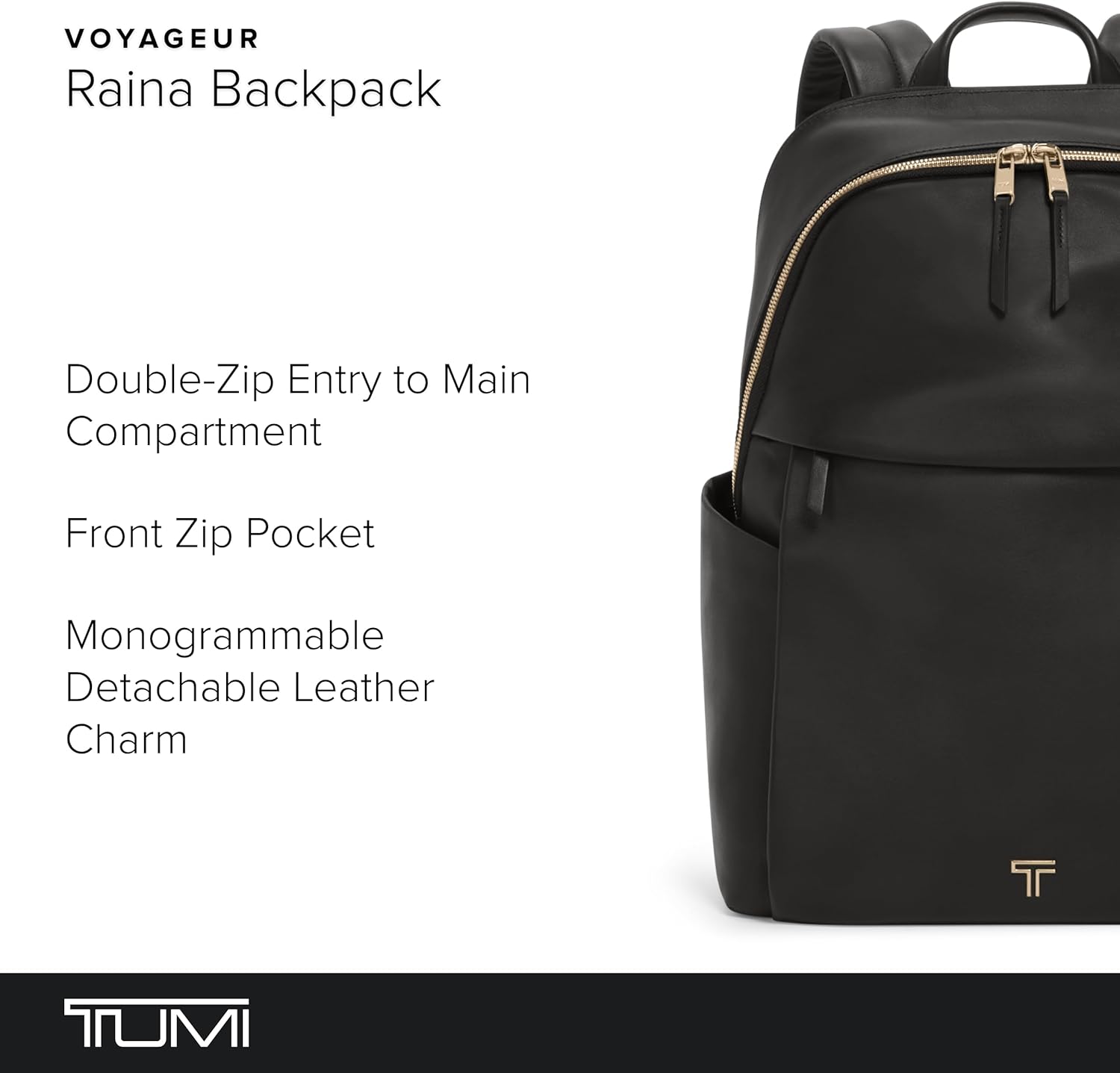 TUMI - Zaino Voyageur Raina - Zaino in pelle di alta qualità per donna e uomo - Borsa per tutti i giorni con tasca per telefono e scomparto per laptop - Nero, hardware in oro chiaro