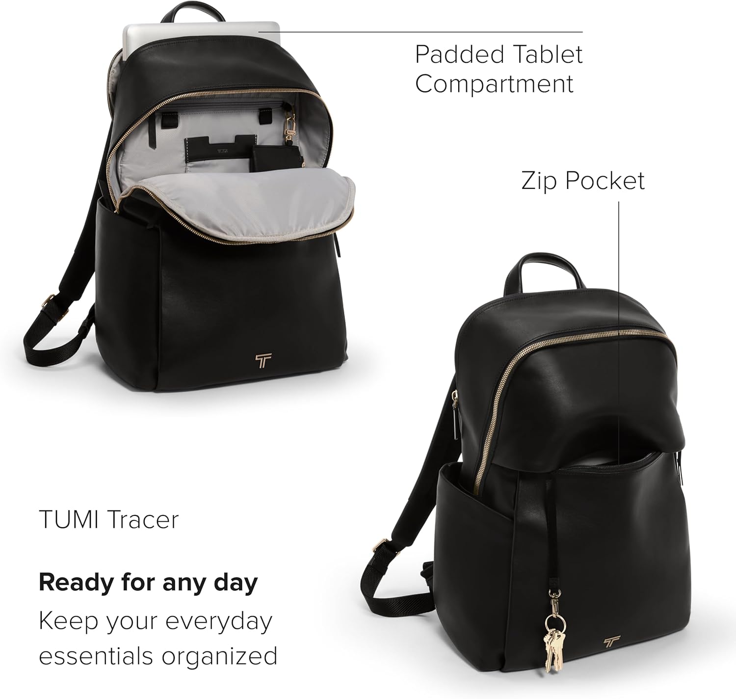 TUMI - Zaino Voyageur Raina - Zaino in pelle di alta qualità per donna e uomo - Borsa per tutti i giorni con tasca per telefono e scomparto per laptop - Nero, hardware in oro chiaro