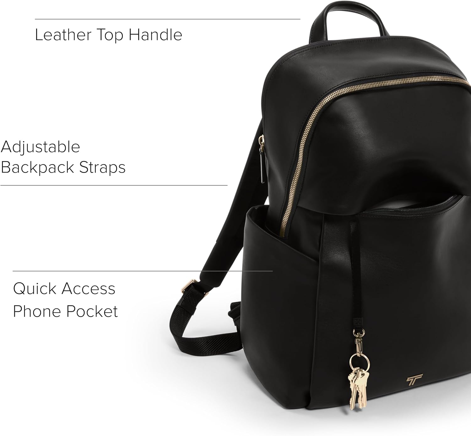 TUMI - Zaino Voyageur Raina - Zaino in pelle di alta qualità per donna e uomo - Borsa per tutti i giorni con tasca per telefono e scomparto per laptop - Nero, hardware in oro chiaro
