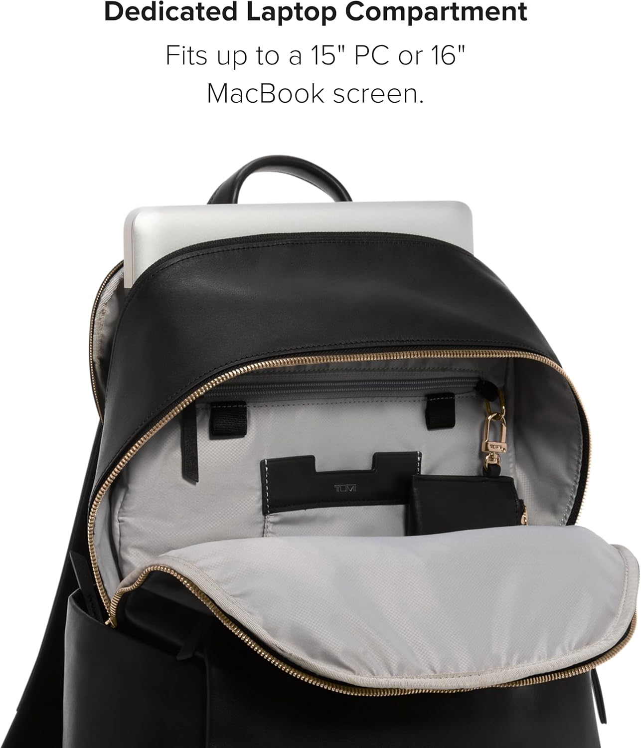 TUMI - Zaino Voyageur Raina - Zaino in pelle di alta qualità per donna e uomo - Borsa per tutti i giorni con tasca per telefono e scomparto per laptop - Nero, hardware in oro chiaro