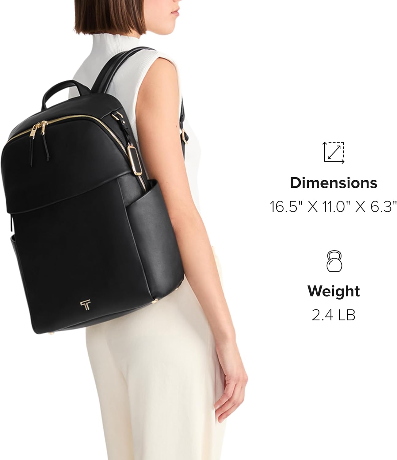 TUMI - Zaino Voyageur Raina - Zaino in pelle di alta qualità per donna e uomo - Borsa per tutti i giorni con tasca per telefono e scomparto per laptop - Nero, hardware in oro chiaro