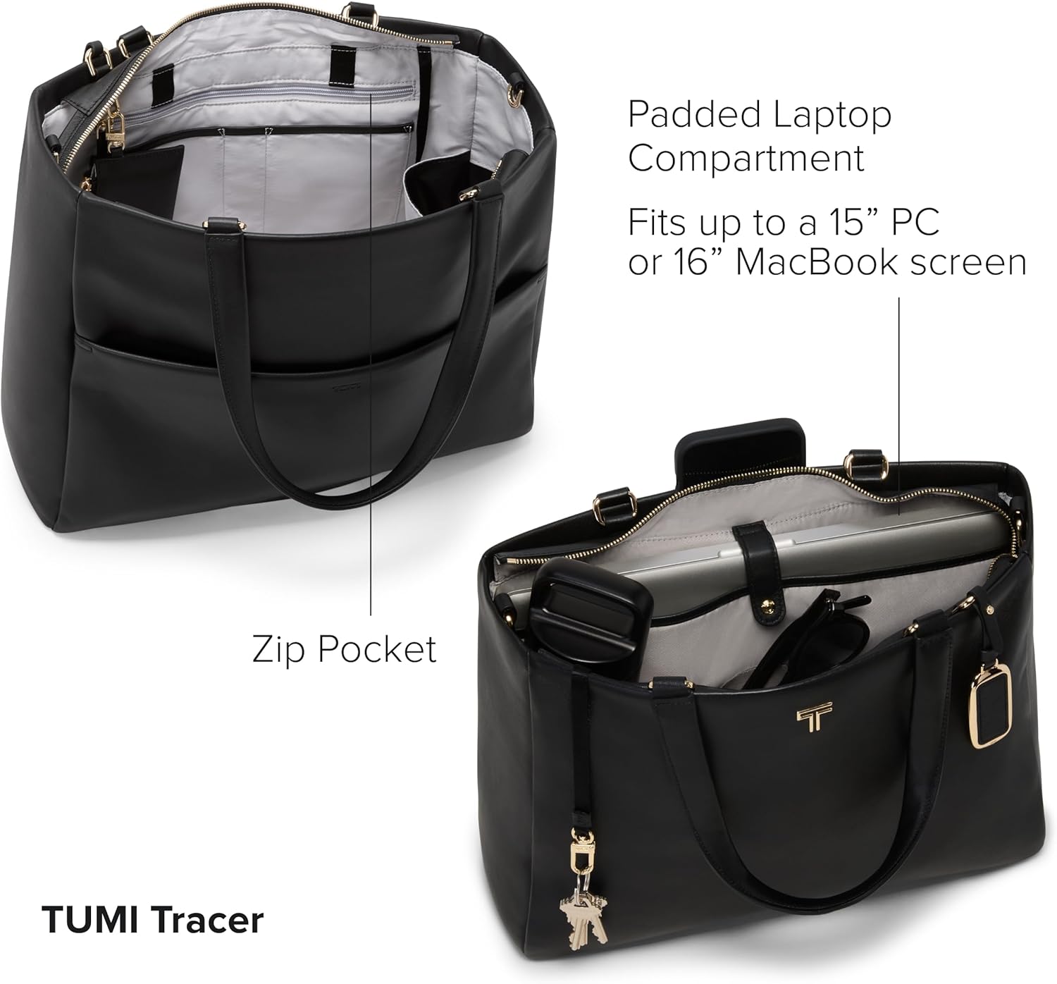TUMI - Voyageur Vail grote draagtas - luxe zwarte draagtas - schouderriem, sleutelriem, opbergruimte voor laptop - leren tas voor dagelijks gebruik - zwart, lichtgouden hardware - medium