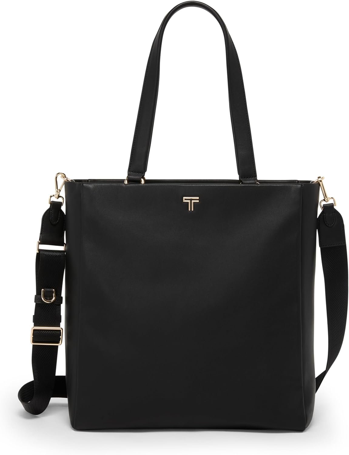 TUMI - Voyageur Vail North/South Tote - Czarna torba Premium - Pasek na ramię, smycz na klucze, schowek na laptopa - skórzana torba codzienna - czarny, jasnozłoty sprzęt