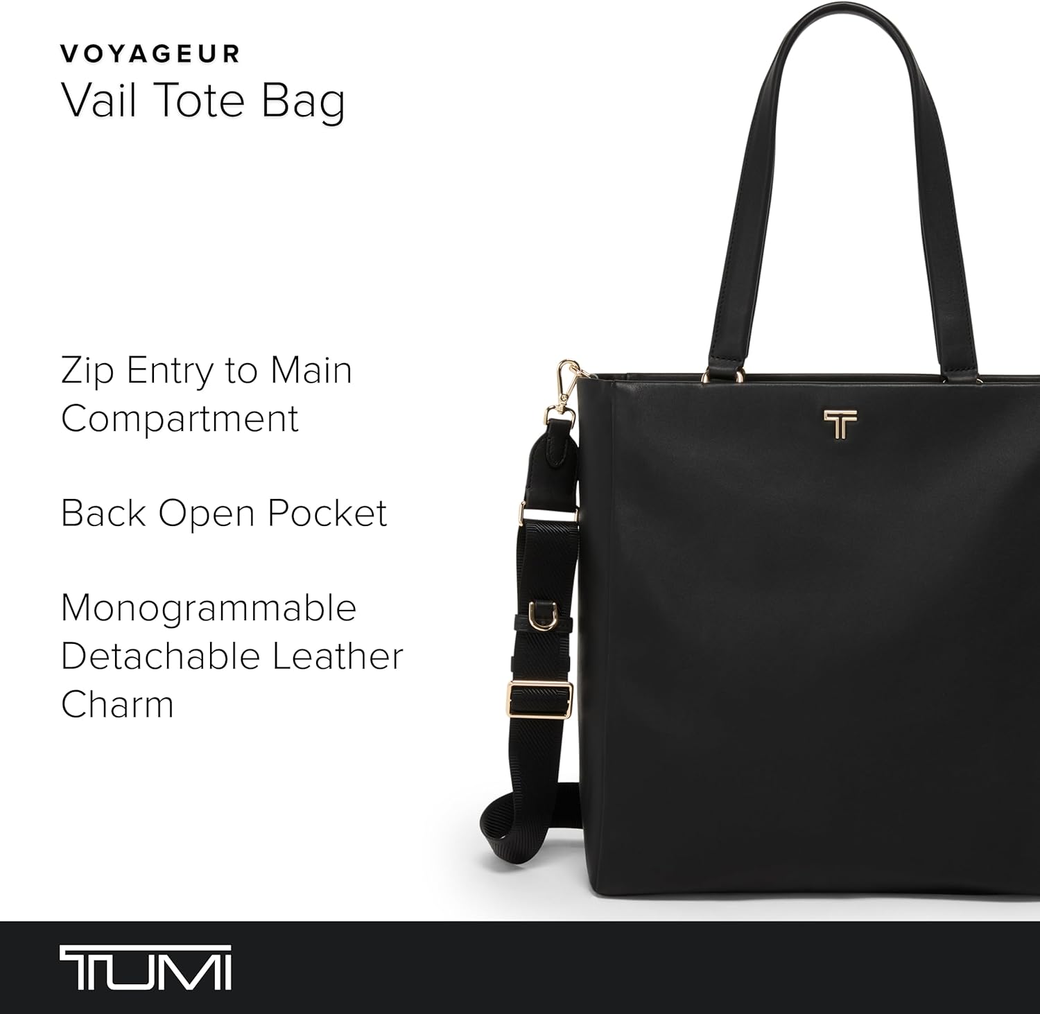 TUMI - Voyageur Vail North/South Tote - Czarna torba Premium - Pasek na ramię, smycz na klucze, schowek na laptopa - skórzana torba codzienna - czarny, jasnozłoty sprzęt