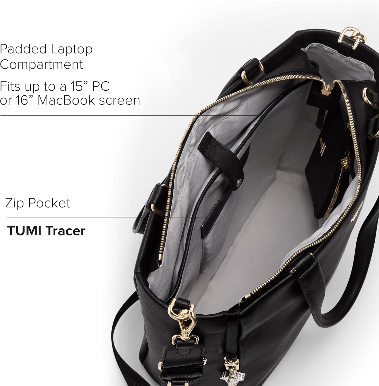 TUMI - Voyageur Vail North/South Tote - Czarna torba Premium - Pasek na ramię, smycz na klucze, schowek na laptopa - skórzana torba codzienna - czarny, jasnozłoty sprzęt