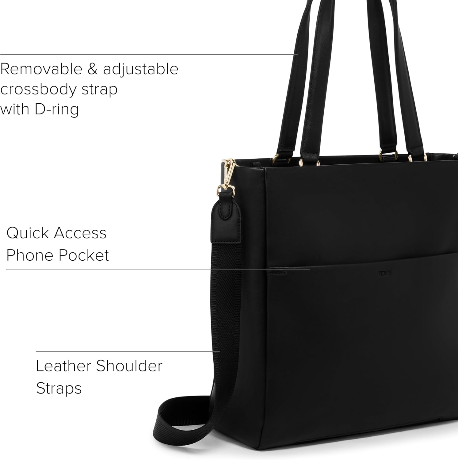TUMI - Voyageur Vail North/South Tote - Czarna torba Premium - Pasek na ramię, smycz na klucze, schowek na laptopa - skórzana torba codzienna - czarny, jasnozłoty sprzęt